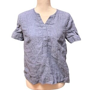 Charter Club Linen Chambray Blouse Petite Medium Blue Short Sleeve Summer Top